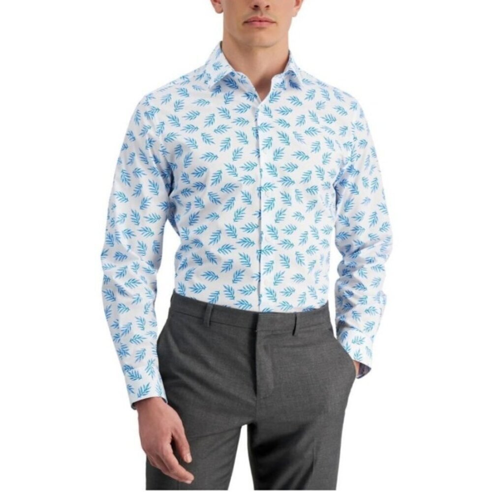 NWT Bar III Mens Leafprint Slim Fit Stretch Long Sleeve Button Up Small 14/14.5